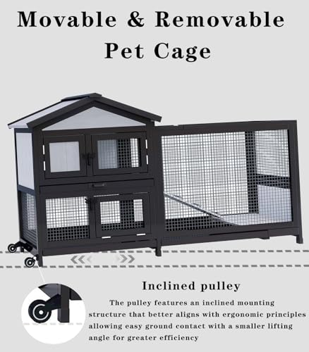 Rabbit Hutch 58" Rabbit Cage Outdoor&Indoor 2-Story Chicken Coop Guinea Pig Cage on Wheels Bunny Cage with 3 Deep No Leakage Pull Out Tray,Waterproof Roof (Black) - size: 58 inch