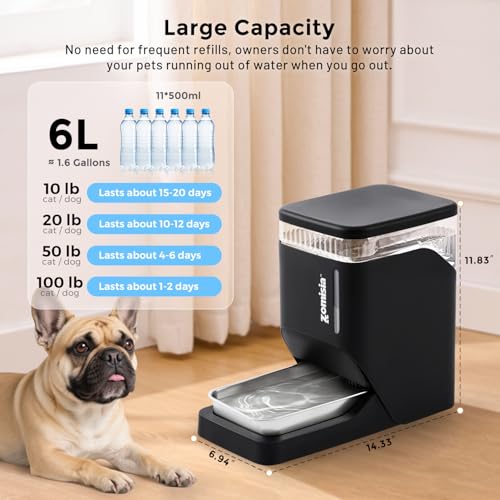ZOMISIA Automatic Dog Water Dispenser 6L with Stainless Steel Bowl, Automatic Water Bowl Dispenser for Cats, 1.6 Gallon Pet Waterer 100% BPA Free, Black - color: Black, size: 6L