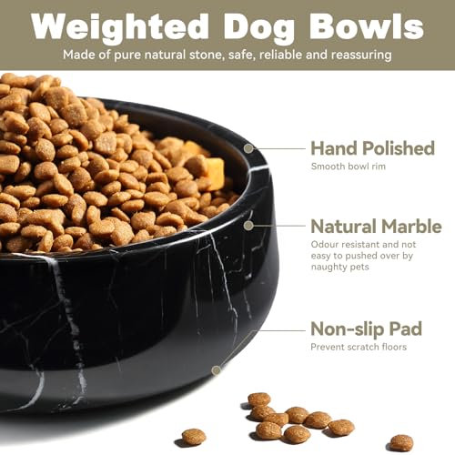 Karibiber Black Marble Dog Bowl, 3.5lbs Non Slip,Non Spill Heavy Dogs Food Bowl, Large Dog Dish, Weighted Food and Water Bowls for Medium Dogs, Natural Stone Pet Bowl, Easy to Clean, Holds 4.5 Cups - color: Black, size: S