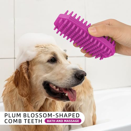 Rose Red 3-in-1 Double-Sided Dog Shampoo Brush Dog Washing Brush | Soft TPR Bristles,Pet Massage Bath Brush for Dogs&Cats,Remove Loose Hair Knots,Gentle Pet Grooming Tool Deep Cleansing
