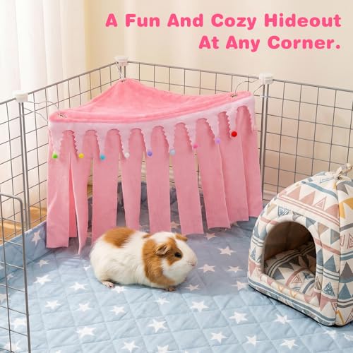 Guinea Pig Hideout, Small Animal Hideout Corner Fleece Tent with Hammock | Guinea Pig Cage Accessories for Bunny, Chinchilla, Hamster (Pink, 30x40x30cm)