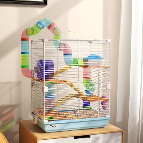 PawHut 18" 5 Tier Hamster Cage with Tubes and Tunnels, Small Animal Cage with Portable Carry Handle, Gerbil Cage with Water Bottle, Food Dish, Exercise Wheel, Light Blue | Small Animal Cage, Portable Carry Handle, Water Bottle, Food Dish, Exercise Wheel -