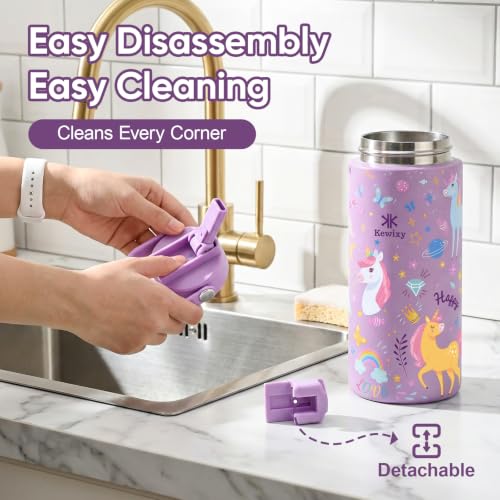 KEWIXY 14 oz Water Bottle with Straw, Easy Slide Lid, Leak Proof, Keep Cold 24H, Vacuum Insulated, Metal Stainless Steel with Handle for School, Farm Friends - color: Farm Friends, size: 14 Ounces