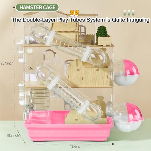 17 in 1 Clear Acrylic Hamster Cage with All Accessories,13.5''L* 10''W* 21''H Dwarf Hamster Cage,Magnetic Connection Small Hamster Enclosure,Garden Style Wooden Mouse Cage for Pet Mice(3-Layer,Pink) - color: Pink, size: 13.4"L x 10.2"W x 20.5"H