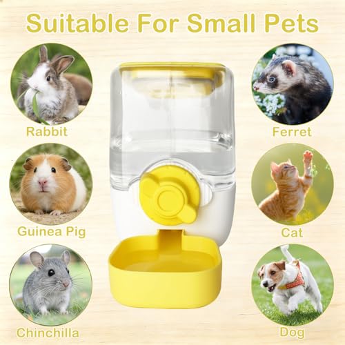 35oz Rabbit Water Bottle, Pet Hanging Automatic Water Dispenser for Small Animal Ferret Guinea Pig Chinchilla Dog Cat (Cage Grid Spacing 1.2''-2.1'') (Yellow)