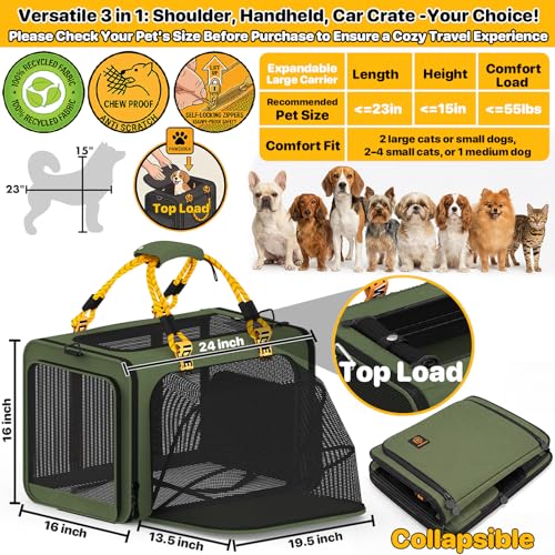PAWZIDEA Large Pet Carrier Expandable, 24"×16"×16" Soft-Sided Cat Carrier for 2–4 Cats up 55lb, Portable & Collapsible Small Medium Dog Travel Crate for Car, XL Storage Pocket, ID Card, Shoulder Strap - color: Forest Green, size: 24.0"L x 16.0"W x 16.0"H