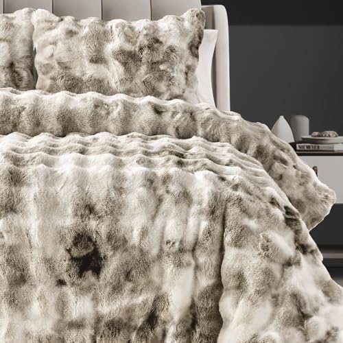 Fredsure Faux Rabbit Fur Comforter Set, 3 Pieces Tie Dye Khaki King, Faux Rabbit Fur Face and Microfiber Reverse - color: Tie Dye Khaki, size: King