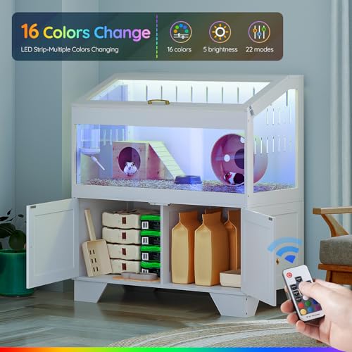 HOOBRO Large Hamster Cage, Acrylic Hamster Habitat with Storage Cabinet and Led Light Strip, Big Hamster Enclosure with Flip-Top Lid, Easy to Clean, 39.4" x 18.9" x 42.5", White WT01AC03G1