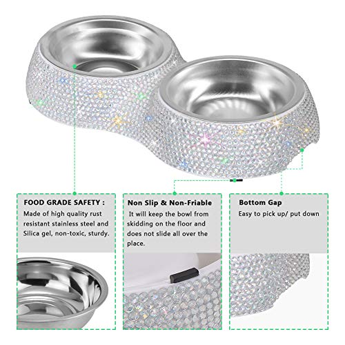 SAVORI Small Dog Bowls, Handmade Bling Rhinestones Stainless Steel Pet Bowls Double Food Water Feeder for Puppy Cats Dogs Cats (AB Color-320ml) - color: AB Color-320ml