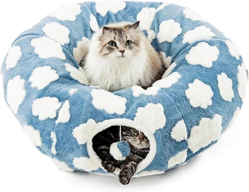 Cat Tunnel Bed with Washable Cushion for Indoor Cat, Donut Cave Tube Toys for Kitten Puppy Rabbit, Blue - color: Blue