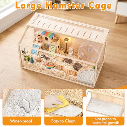 XiaZ Large Hamster Cage,40Inch Hamster Cage with Panoramic View and Ventilated Top, Spacious Acrylic Glass Habitat for Syrian Dwarf Hamsters and Degus, Natural Wood Frame Enclosure - size: 40.0"L x 20.0"W x 20.0"H