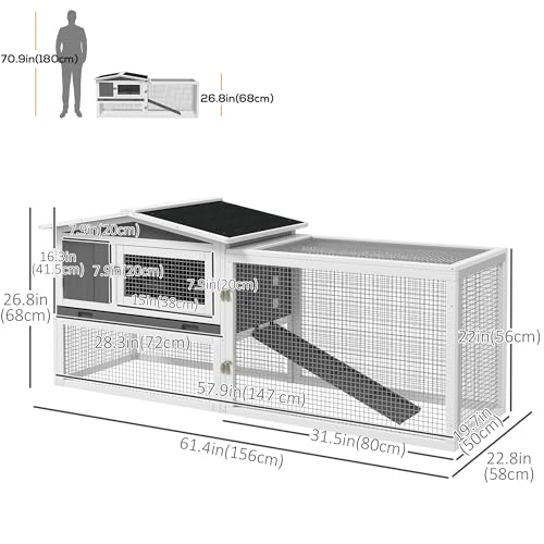 PawHut Rabbit Hutch 2-Story Bunny Cage, Guinea Pig Cage Indoor Outdoor, Small Animal House with Slide Out Tray, for Rabbits, Chickens, Ducks, 61.5" x 23" x 27", Light Gray | Bunny Cage, Guinea Pig Cage, Small Animal House, Slide Out Tray, for Rabbits Chic