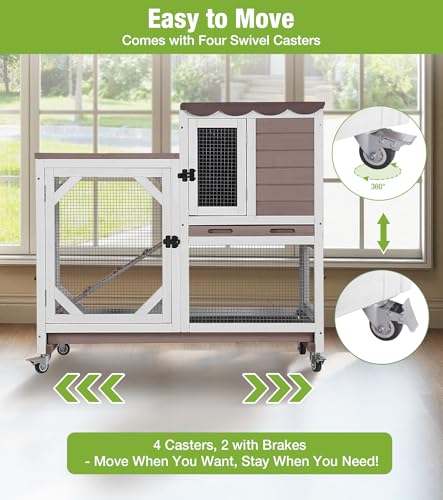 GUTINNEEN Wooden Duplex Rabbit Cage on Wheels with Chew-Proof Ramp, Brown | 4 mobile swivel casters, 2-story design, waterproof rain cover, 5 access doors, 2 sliding trays - color: Brown