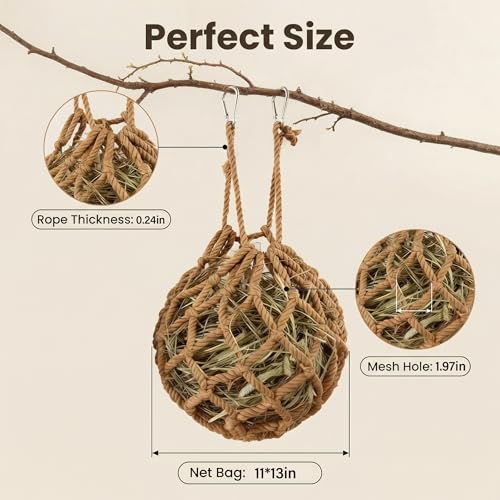 Khaki Rabbit Hay Feeder Mesh Bags, 13×11 Inch Spherical Polyester Hay Pouch - color: Khaki
