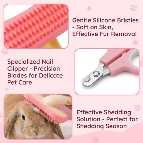 Bunny Brush for Grooming, Desktop Decor Set with Hair Buster Comb Rabbit and Nail Clipper, Rabbit Brush for Adult Stress Relief and Collectible Display, Guinea Pig for Pet Care Accessories