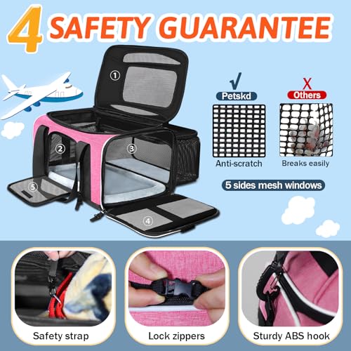 Top and Side Expandable Small Pet Carrier Airline Approved, Pink | 18"Lx11"Wx11"H, for Delta/United/American Airlines, Pets Under 10 Lbs, Lockable Zippers,Soft-Sided, Anti-Scratch Mesh - color: Pink, size: 18.0"L x 11.0"W x 11.0"H