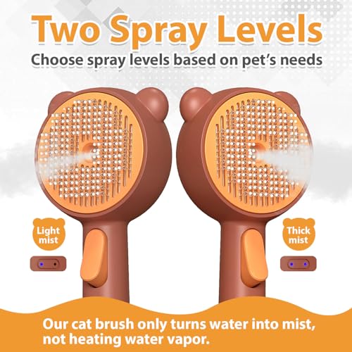Cat Steam Brush with 2 Spray Levels & Release Button 4-in-1 Cat Water Brush | for Shedding Grooming, Pet Hair Removal Comb for Long Short Haired Cats Dogs, IPX7 Waterproof Self Cleaning Slicker Brush - color: Brown with Handle