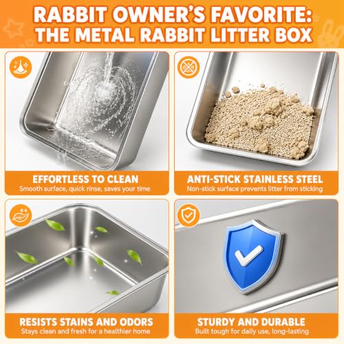 BWOGUE Extra Large Stainless Steel Rabbit Litter Box with Grid for Bunnies | Large Rabbit Litter Box, 23.6 x 15.7 x 11.2 in, High Sides, Removable Grid, Easy to Clean, Prevents Odors and Stains