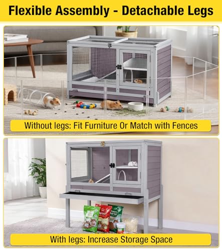 Aivituvin Guinea Pig Cages, Rabbit Hutch with Anti-Chew Frame, Bunny Cage with Cleaning Sliding Tray, 3 Openable Areas, Assemblable Legs, Ramp & Hideout Included - Grey - color: Grape Purple
