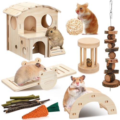 8 Pcs Hamster Cage Accessories Hamster Starter Kit with Maze Wood House, Bridge, Seesaw, Chew Toys Set for Gerbils and Mice Small Animals Habitat Supplies(Fun Villa) - style: Fun Villa