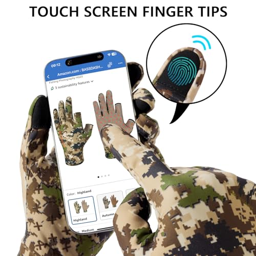 BASSDASH Unisex Fleece Liner Lightweight Camo Hunting Gloves HG07 | Stretch Fleeced Warm Anti-Slip Gloves with Touchscreen for Men Women Cool Weather Shooting Photography Fishing - color: Highland, size: X-Large