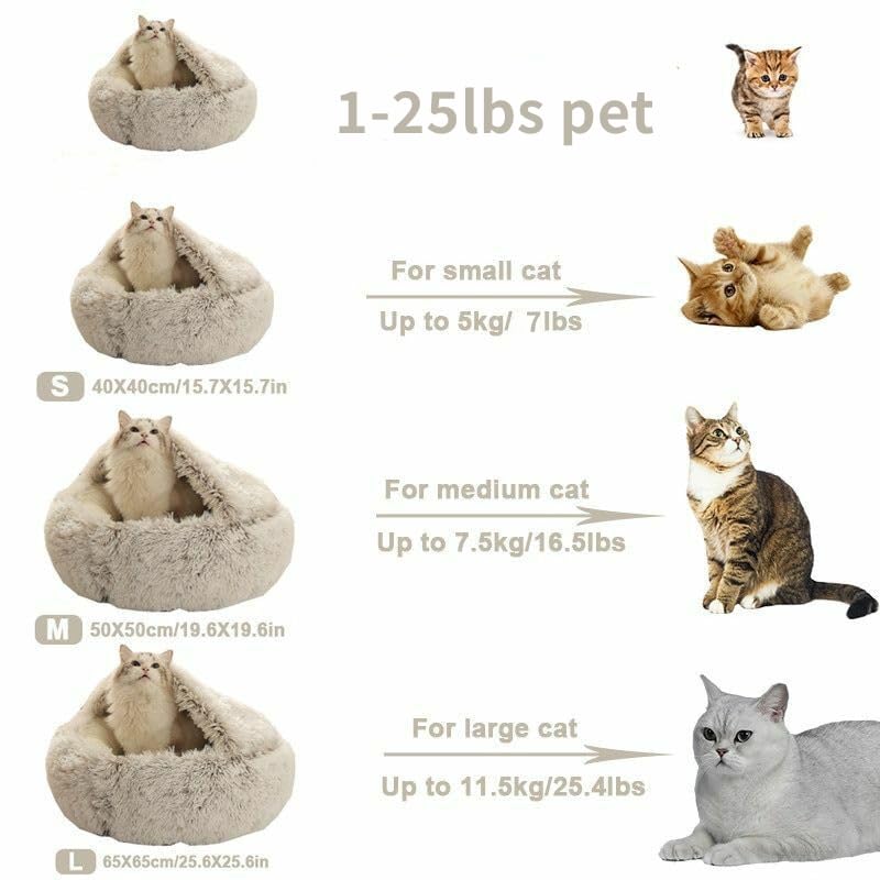 Round Fluffy Hooded Cat Bed Cave, Anti-Anxiety Cave Bed with Blanket | Hooded Cat Bed Cave, Cozy Cuddler Luxury Puppy Pet Bed, Anti-Slip Bottom and Machine Washable - color: Brown, size: Large