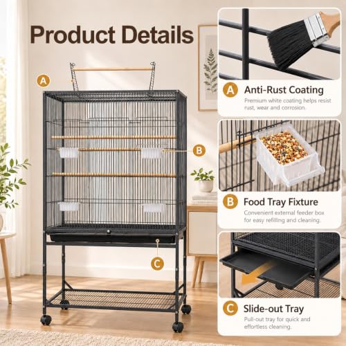 59-inch Open Top Bird Cage, Wrought Iron Bird Flight Cage with Rolling Stand, Slide-Out Tray for Parrot, Parakeets, Lovebird, Finch, Pigeon (Black)