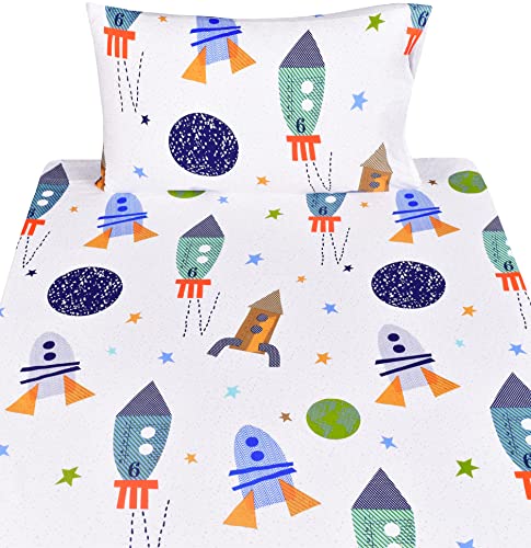 Scientific Sleep Outer Space Airship Rocket Star Explore Teen Boys Girls Cotton Cotton Twin Bed Sheet Set, Flat Sheet & Fitted Sheet & Pillowcase Bedding Set (Space, Twin) - color: Space, size: Twin