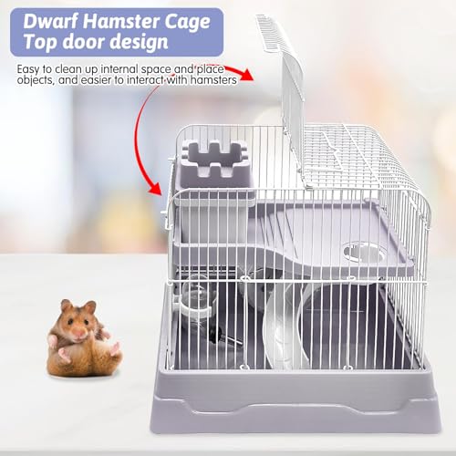 PINVNBY 2-Tier Dwarf Hamster Cage, Hamsters Travel Cage Portable Mouse Cages with Running Exercise Wheels, Water Bottle and Food Dish for Hamster Mouse Rat (Gray) - color: Gray, size: M: 11.7x8.7x9.8in