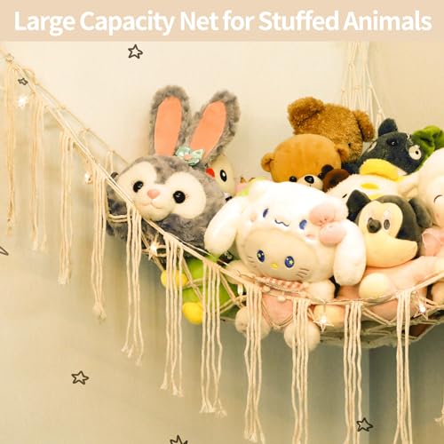 Stuffed Animals Net or Hammock with LED Light, 59 inch Toy Hammock Net for Stuffed Animals Corner Hanging Stuffed Animal Storage Stuffed Animal Holder for Nursery Kids Bedroom (White)