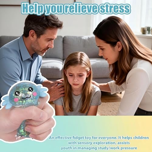 3.94 in Blue Glitter Crawling Axolotl Squishy Slow Rising | Soft TPR, Floating Glitter, squeeze toy, busy hands, stress relief, focus support, home, class, travel, kids and adults - color: Blue