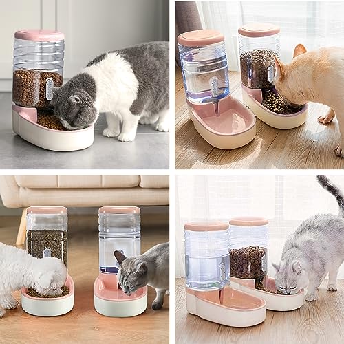 Automatic Dog Cat Feeder and Water Dispenser Gravity Food Feeder and Waterer Set with Pet Food Bowl for Small Medium Dog Puppy Kitten, Large Capacity 1 Gallon x 2(Pink) - color: Pink