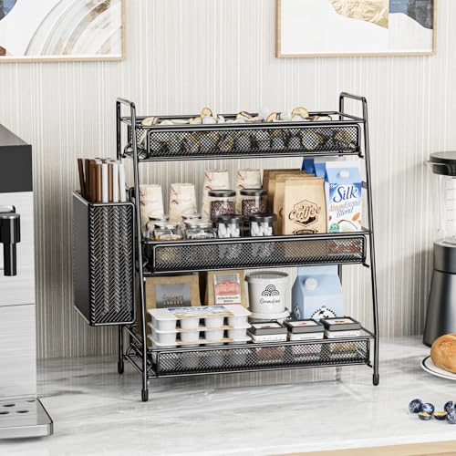 EKNITEY Bathroom Countertop Organizer Shelf - 3 Tier Counter Spice Rack | Metal, Removable Basket, Non-Slip Base, Makeup Rack, Small Coffee Station Organizer, for Sink Bedroom Kitchen Living room - color: Black with Basket