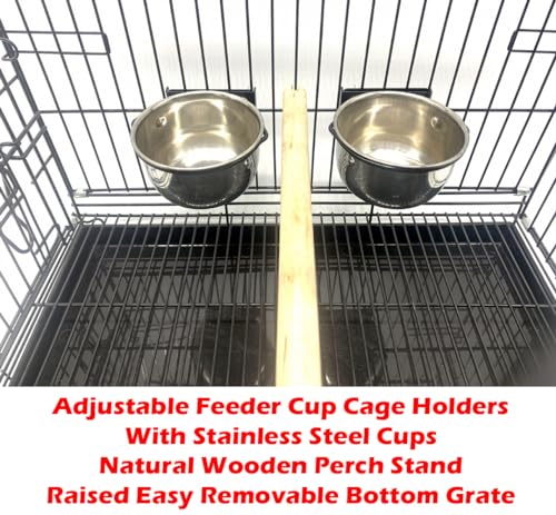 Large Durable Metal Travel or Veterinary Easy Collapsable Parrot Bird Carrier Beaks Proof Carrier Cage Easy Clean Pull Out Tray Stainless Steel Feeder Bowls Natural Wooden Perch - color: Black