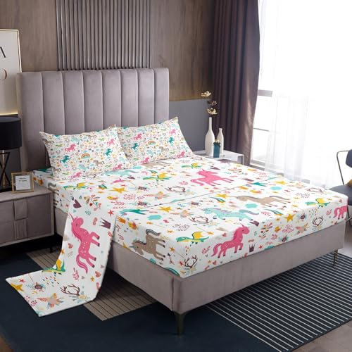 Kids Unicorn Bed Sheets Twin Cartoon Dinosaur Sheet Set Kawaii Wildlife Animal Fitted Sheet Boys Girls Colorful Cute Starry Sky Bedding Set Room Decor Gift Cute Flat Sheet 3Pcs With 1 Pillowcase - color: Multi 09, size: Twin