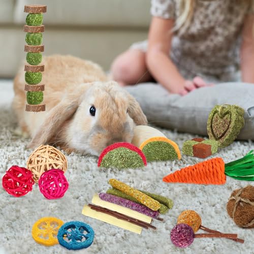 Hamster Toys Rat Toys Chinchilla Toys Hamster Chew Toys Natural Timothy Hay Sticks Apple Wood Sticks Ladder Bell Roller for Gerbil Guinea Pigs and Other Small Animal