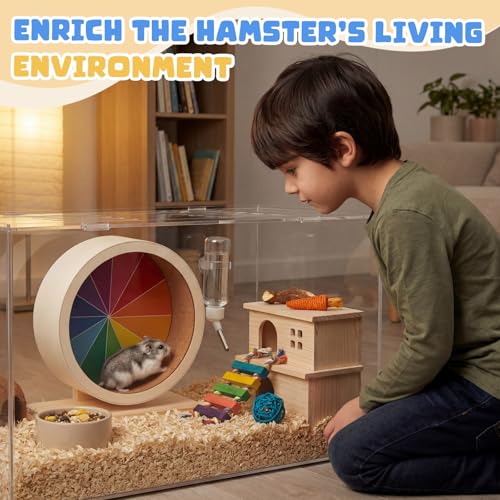 7 Inch Hamster Wooden Silent Wheel, Rainbow Printed Small Animal Exercise Wheel, Quiet Spinner Hamster Running Wheels Prevent Depression Toys for Hamsters, Gerbils, Mice and Other Small Pets - size: Small