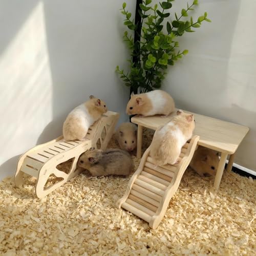 3Pcs Hamster Tunnel and Platform Set, Wooden Hamster Accessories with Wavy Stairs, Multi-Level Cage Hiding Place, Small Animal Climbing Toy, Habitat Decoration (Natural Wood)
