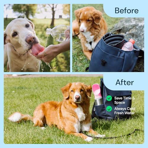 MalsiPree Insulated Dog Water Bottle - 24 oz Pink, Stainless Steel | 24oz insulated steel bottle & bowl - leak-proof - Use for dog travel, hiking, park & beach days - color: Pink, size: 24oz - Insulated
