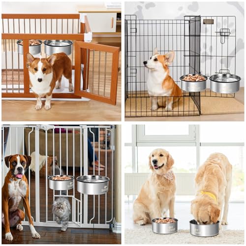 Water Bowl for Dog Crate, ShineMe 34oz & 25oz Stainless Steel Dogs Bowls, Dog Food and Water Bowl Set Mountable in Crate Kennel Cage, 2 Pack, Silver (6.2x2.6” & 5.5x2.4”) - color: Silver, size: M (34oz+25oz)