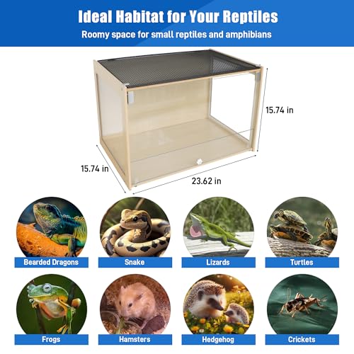 Reptile Terrarium Enclosure 30Gallon Bearded Dragon Tank, 24*16*16inch Tempered Glass Front Opening Reptile Snake Tank Enclosure Cages with Wood Frame & Metal Mesh Top for Hamster Gecko Lizard Turtles