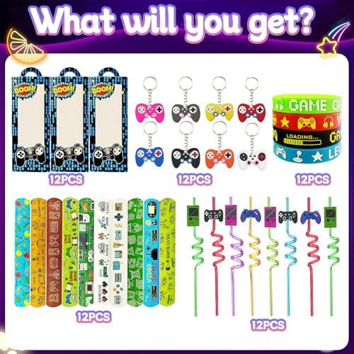 110PCS Video Game Party Favors, Gamer Goodie Bag Stuffers and Supplies | 110PCS video game party favors with boxes, keychains, wristbands, reusable straws, slap bracelets and 50 gaming stickers. - style: Video Game