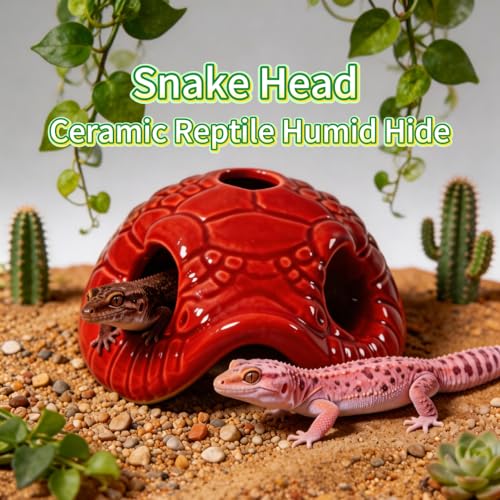 Snake Head Reptile Hide Cave, Red | Small Ceramic, Gecko Hideout with Water Reservoir, Mini Terrarium Decor, For Juvenile Snake, Lizard, Frog - color: Red