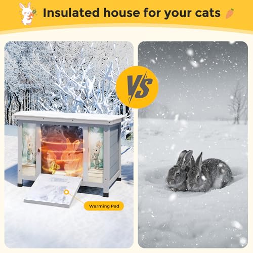 Coziwow 24" Bunny Hutch for Outdoor & Indoor Use - Solid Wood Rabbit Cage with Detachable Insulation Liner, Lightweight Weatherproof Shelter for Cats, Rabbits, Small Animals, Gray - color: Grey with Warm