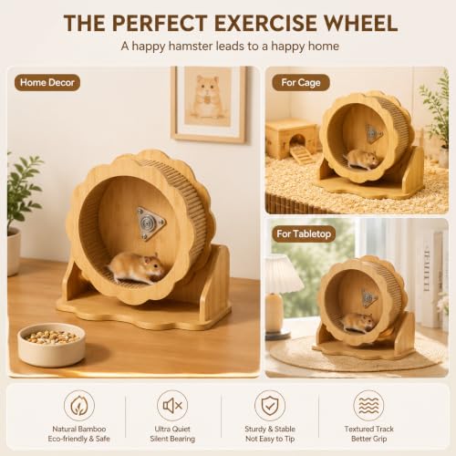 Wooden Hamster Wheel Silent Running Exercise Wheel with Stand Quiet Small Animal Wheel for Hamster Hedgehog Chinchilla Cage Accessories