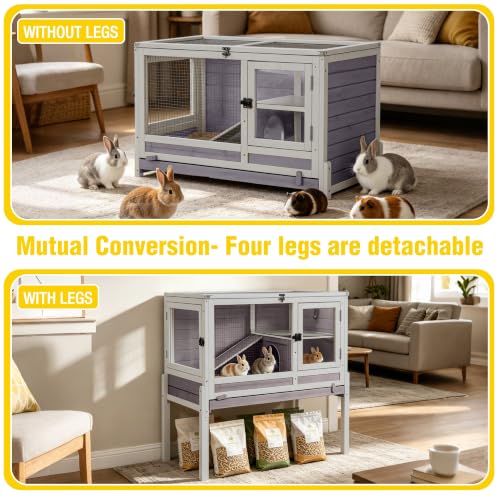 Aivituvin Wooden Guinea Pig Cages Indoor with Removable Stand, Anti Chewing Rabbit Hutch with Ramp and Wire Mesh, 2 Story Small Animals House Habitat with Pull Out Tray (Gray&Purple) - color: Gray&Purple