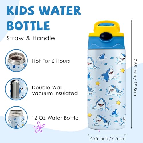Shark 12 oz Water Bottle with Straw – Kids Stainless Steel Vacuum Insulated Cup, Leakproof Pop-Up Spout, Reusable Travel Mug for Boys and Girls Outdoor Sports - color: Shark1