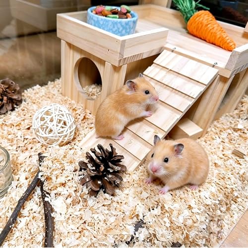 Wooden Hamster Hideout,Dwarf Hamster Hide House with Platform & Bowl & Ladder,Small Hamsters Maze Hut Hides Habitats Decor Cage Accessories for Gerbils,Mice,Mouse