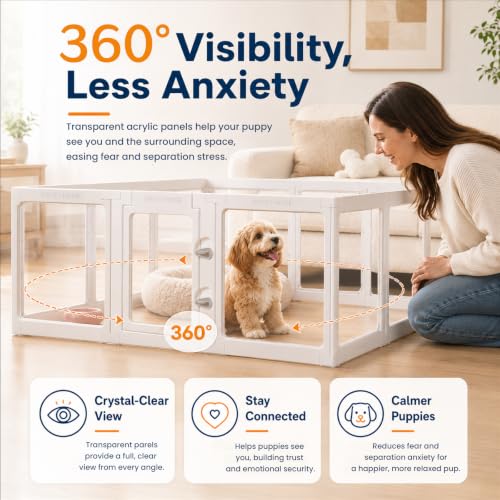 Clear Acrylic Dog Playpen Indoor 12 Panels Puppy Play Pen with Door and Toilet Detachable Pet Fence Kennel for Small Dog, Cat, Rabbit (24 Inch, White) - color: White