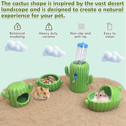 PINVNBY Ceramic Hamsters Hideout, Cactus Ceramic Dwarf Hideout, Hamster Water Bottle, Sand Bath, Food Bowl & 125ML Water Bottle Holder for Dwarf Hamster Cage Accessories